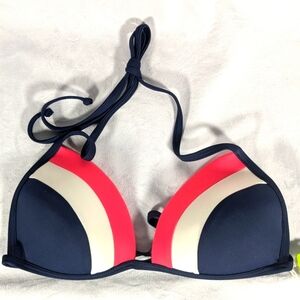 NWT Lori Coulter Triangle Tie Bikini Top Blue with Orange & White Accent Blocks